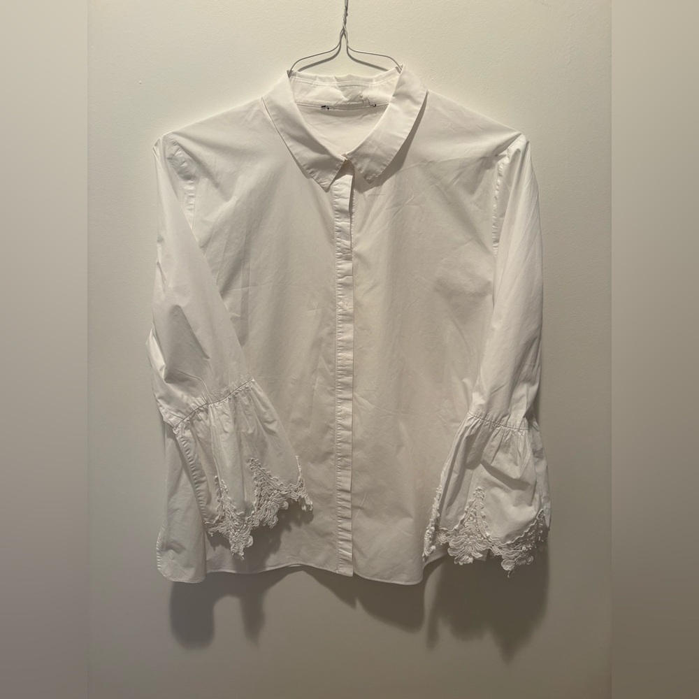 Kobi Halperin White Blouse button up with bell Lace Cuffs